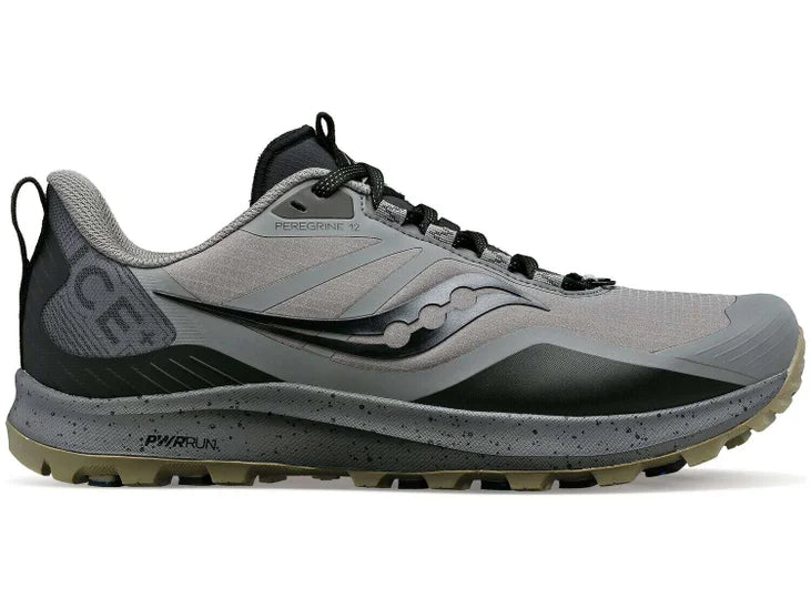 Men's Saucony Peregrine ICE 3. Grey upper. Grey midsole. Lateral view.