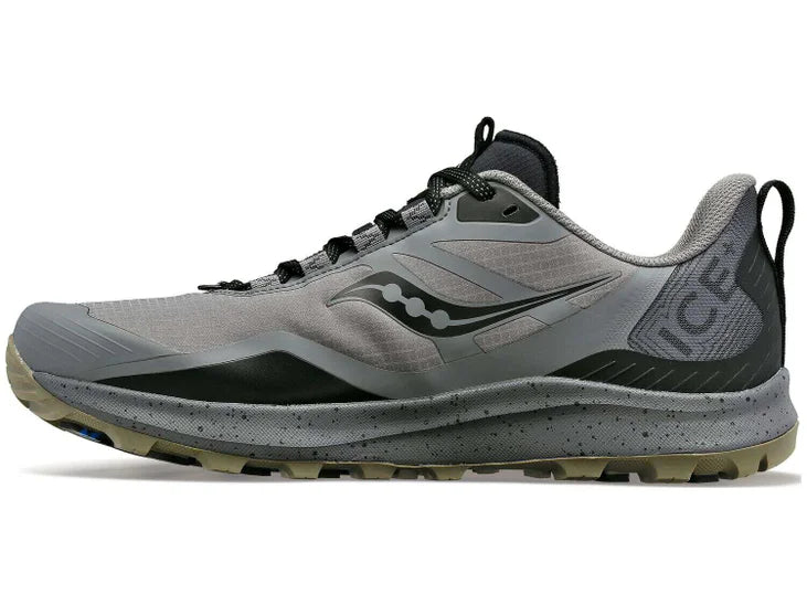 Men's Saucony Peregrine ICE 3. Grey upper. Grey midsole. Medial view.