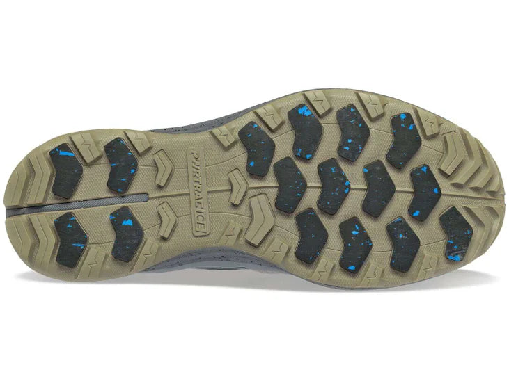 Men's Saucony Peregrine ICE 3. Grey upper. Grey midsole. Bottom view.
