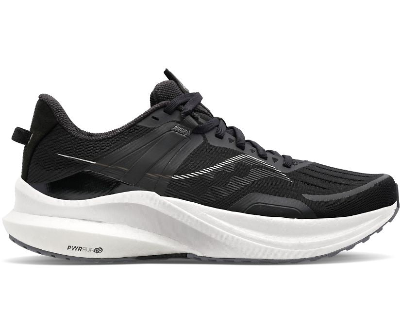 Men's Saucony Tempus. Black upper. White midsole. Lateral view.