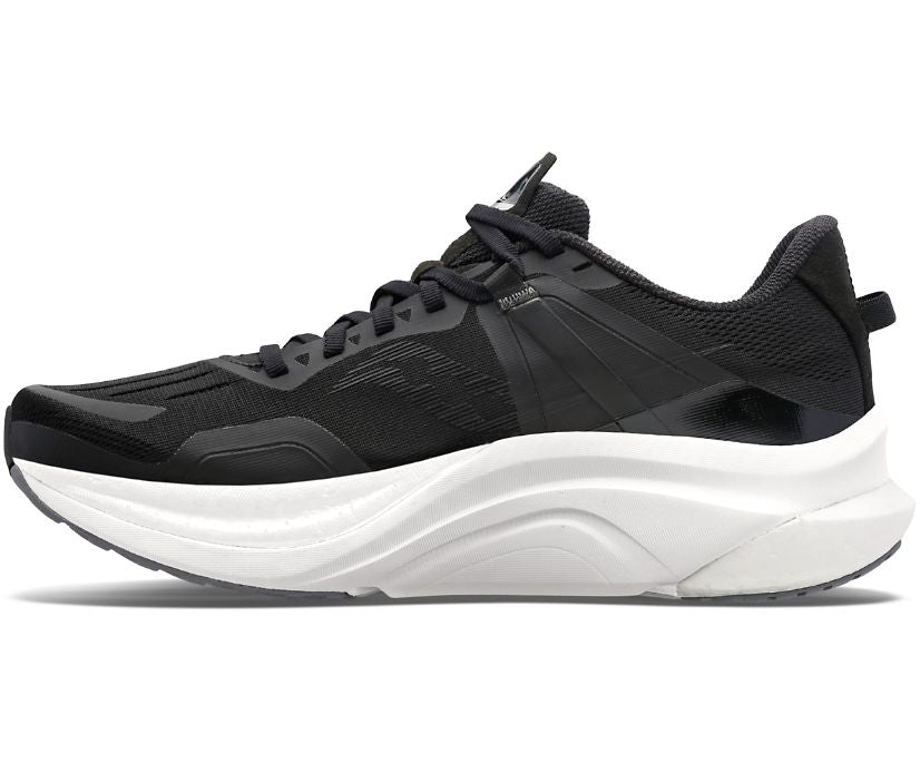 Men's Saucony Tempus. Black upper. White midsole. Medial view.