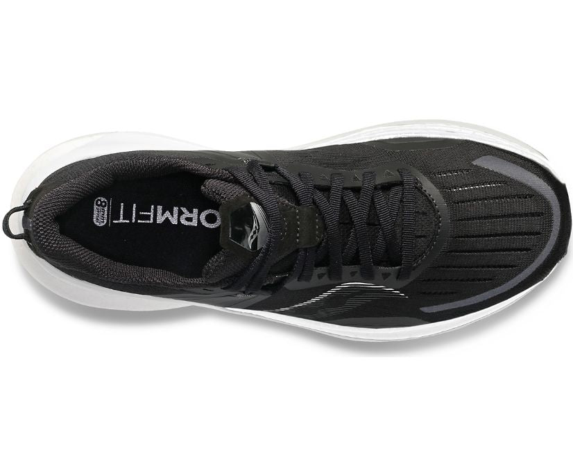 Men's Saucony Tempus. Black upper. White midsole. Top view.