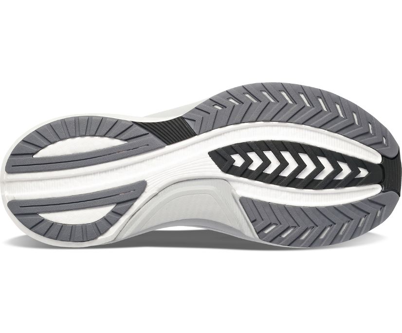 Men's Saucony Tempus. Black upper. White midsole. Bottom view.