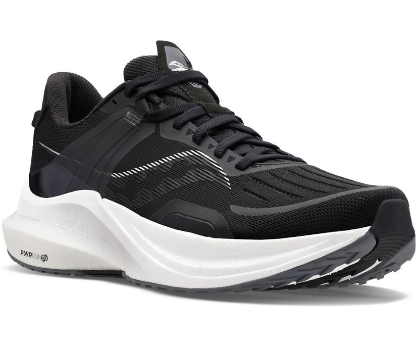 Men's Saucony Tempus. Black upper. White midsole. Lateral view.