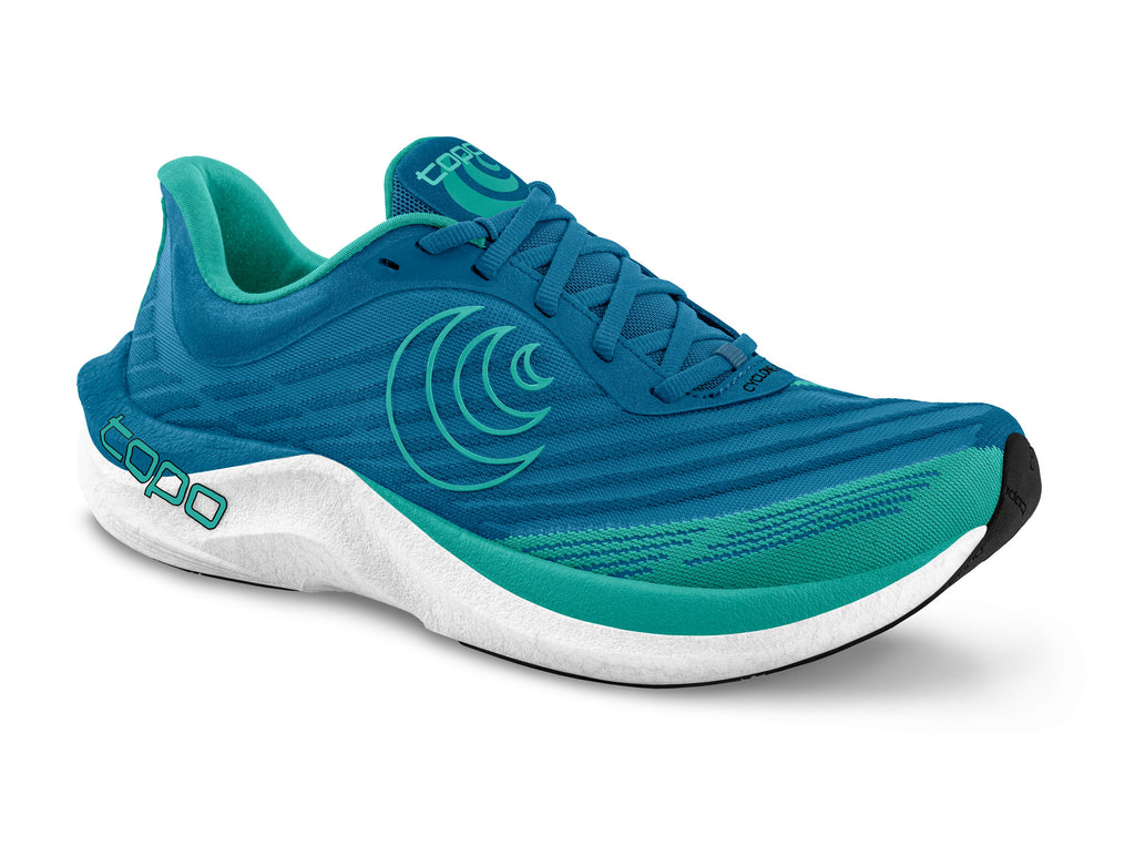 Men's Topo Cyclone 2. Blue/Green upper. White midsole. Lateral view.