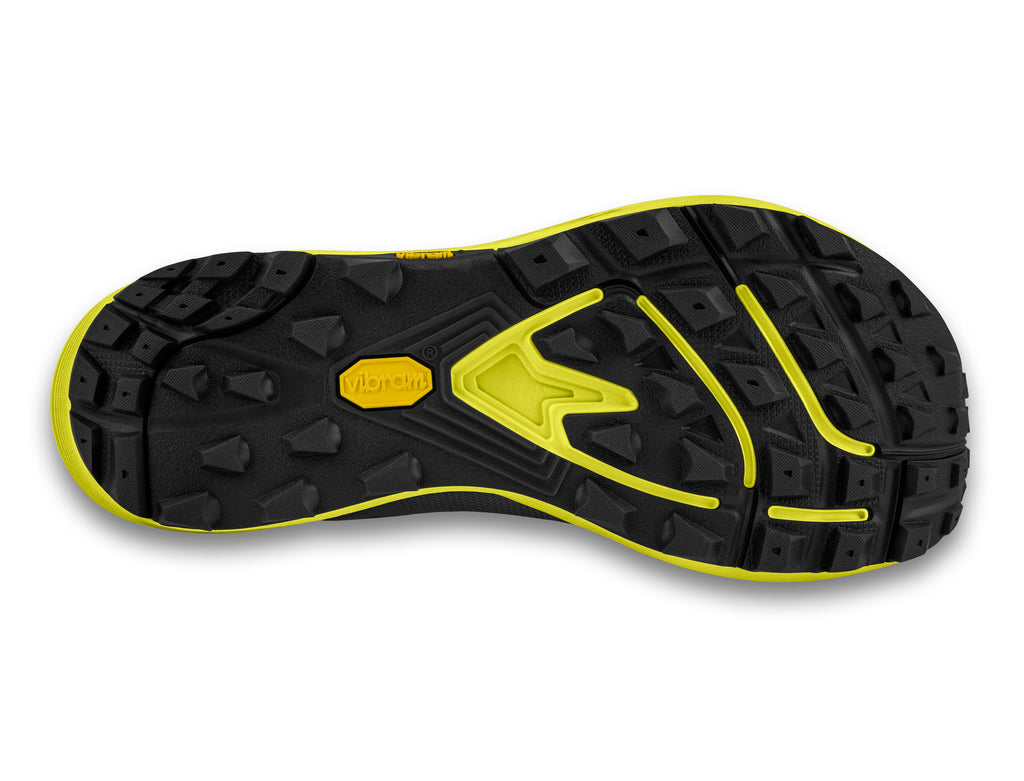 Men's Topo Athletic Mtn Racer 3. Black upper. Green/yellow midsole. Bottom view