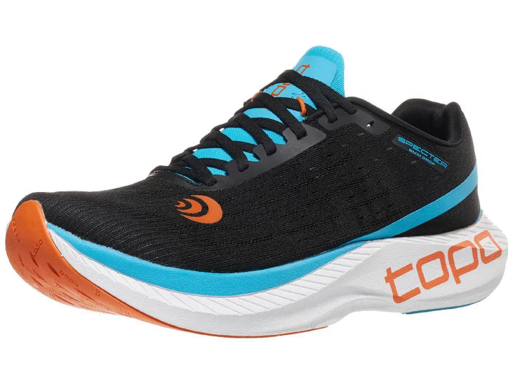 Men's Topo Specter. Black upper. White midsole. Lateral view.