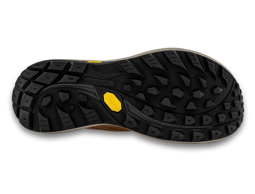 Men's Topo Trailventure 2 WP. Brown upper. Tan midsole. Bottom view.