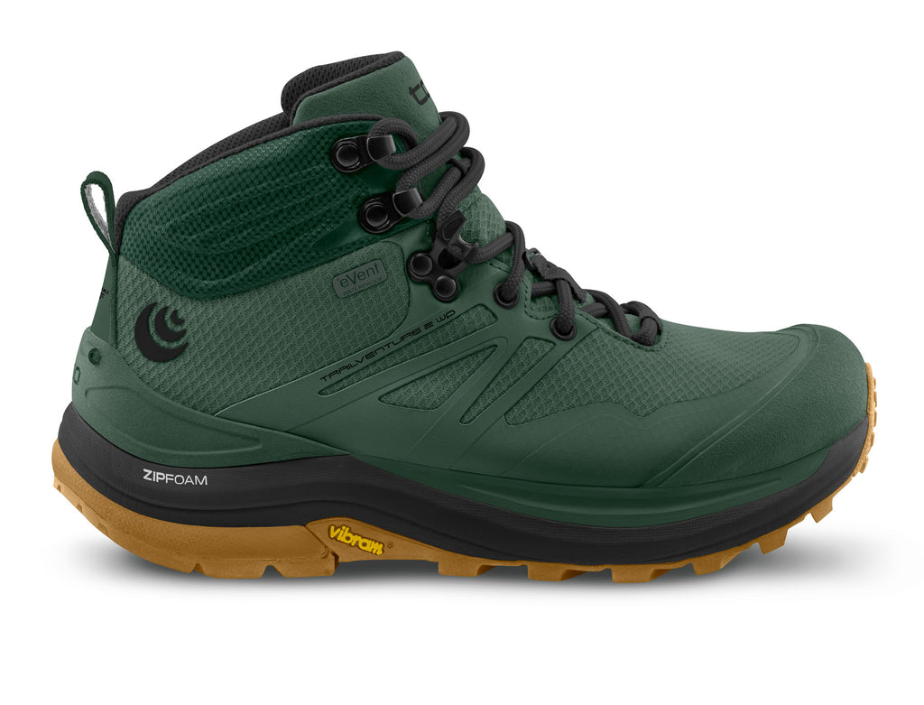 Men's Topo Athletic Trailventure 2 WP. Green upper. Black/tan midsole. Lateral view.