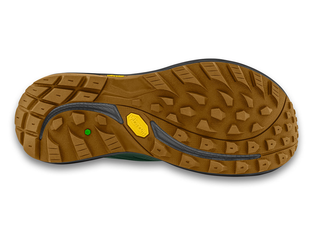 Men's Topo Athletic Trailventure 2 WP. Green upper. Black/tan midsole. Bottom view.