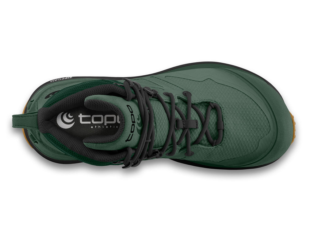 Men's Topo Athletic Trailventure 2 WP. Green upper. Black/tan midsole. Top view.