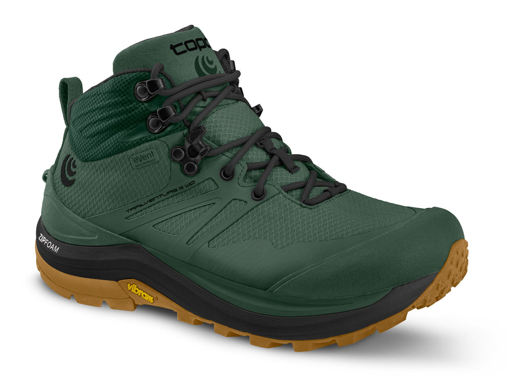 Men's Topo Athletic Trailventure 2 WP. Green upper. Black/tan midsole. Lateral view.