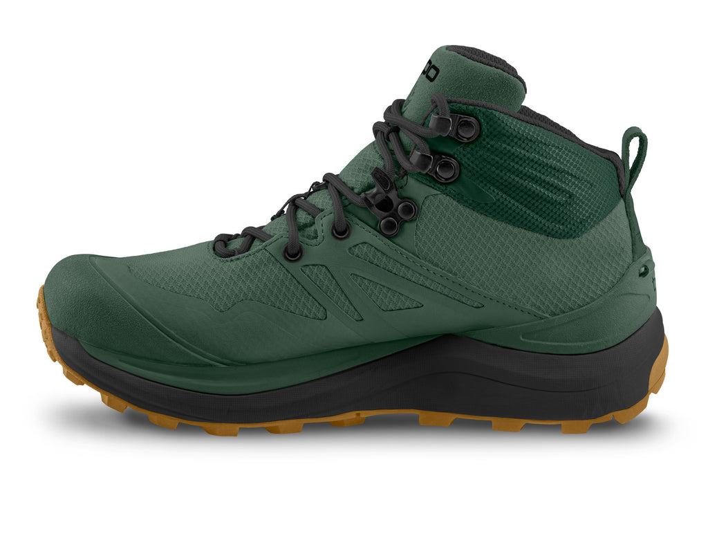 Men's Topo Athletic Trailventure 2 WP. Green upper. Black/tan midsole. Medial view.