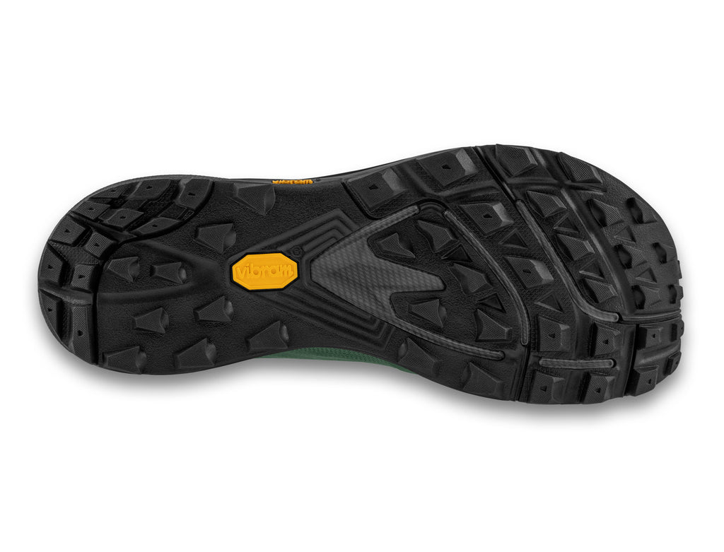 Men's Topo Traverse. Dark Green upper. Dark Grey midsole. Bottom view.