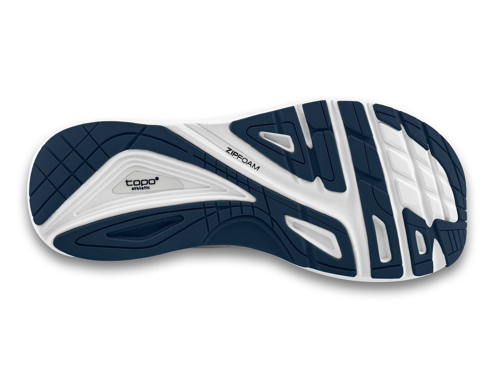 Men's Topo Ultrafly 4. Grey upper. White midsole. Bottom view.