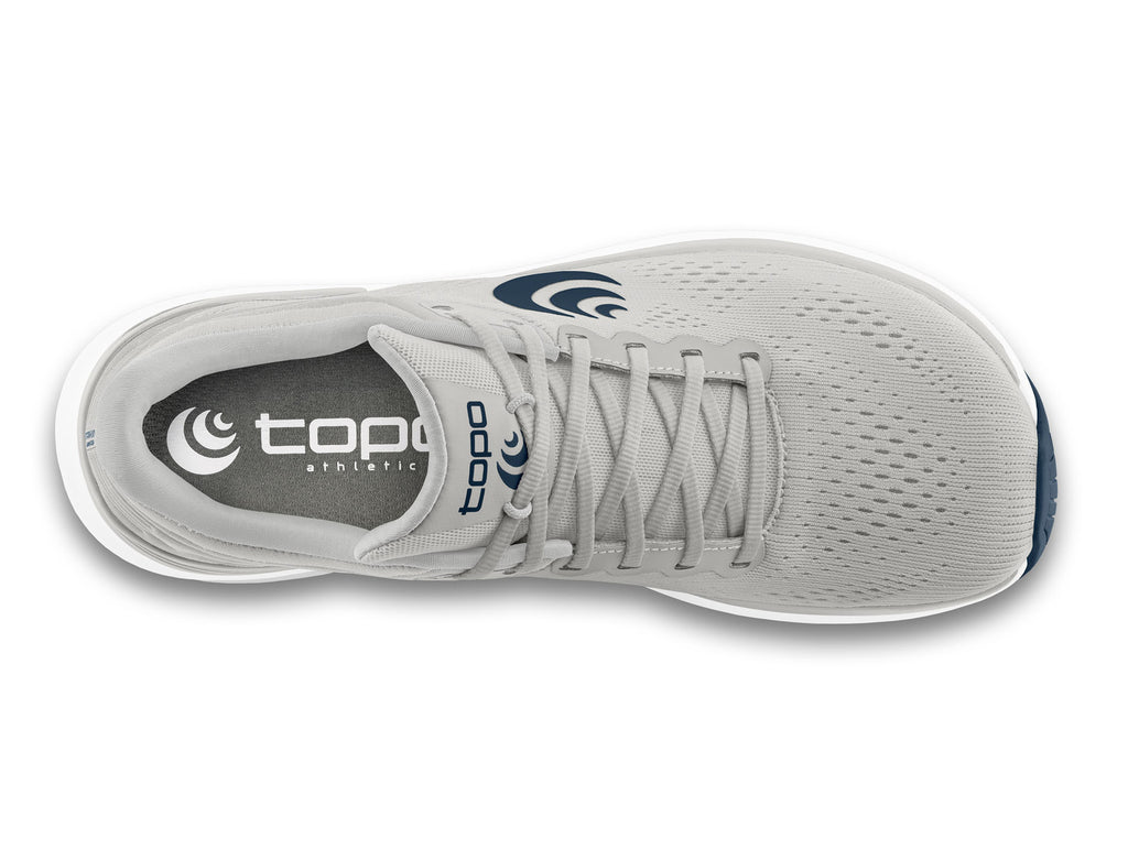 Men's Topo Ultrafly 4. Grey upper. White midsole. Top view.