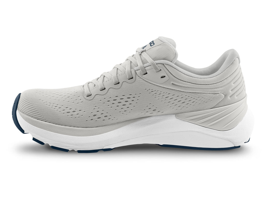 Men's Topo Ultrafly 4. Grey upper. White midsole. Medial view.