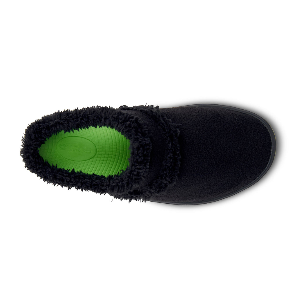 Oofos OOcoozie Mule. Black. Top view.