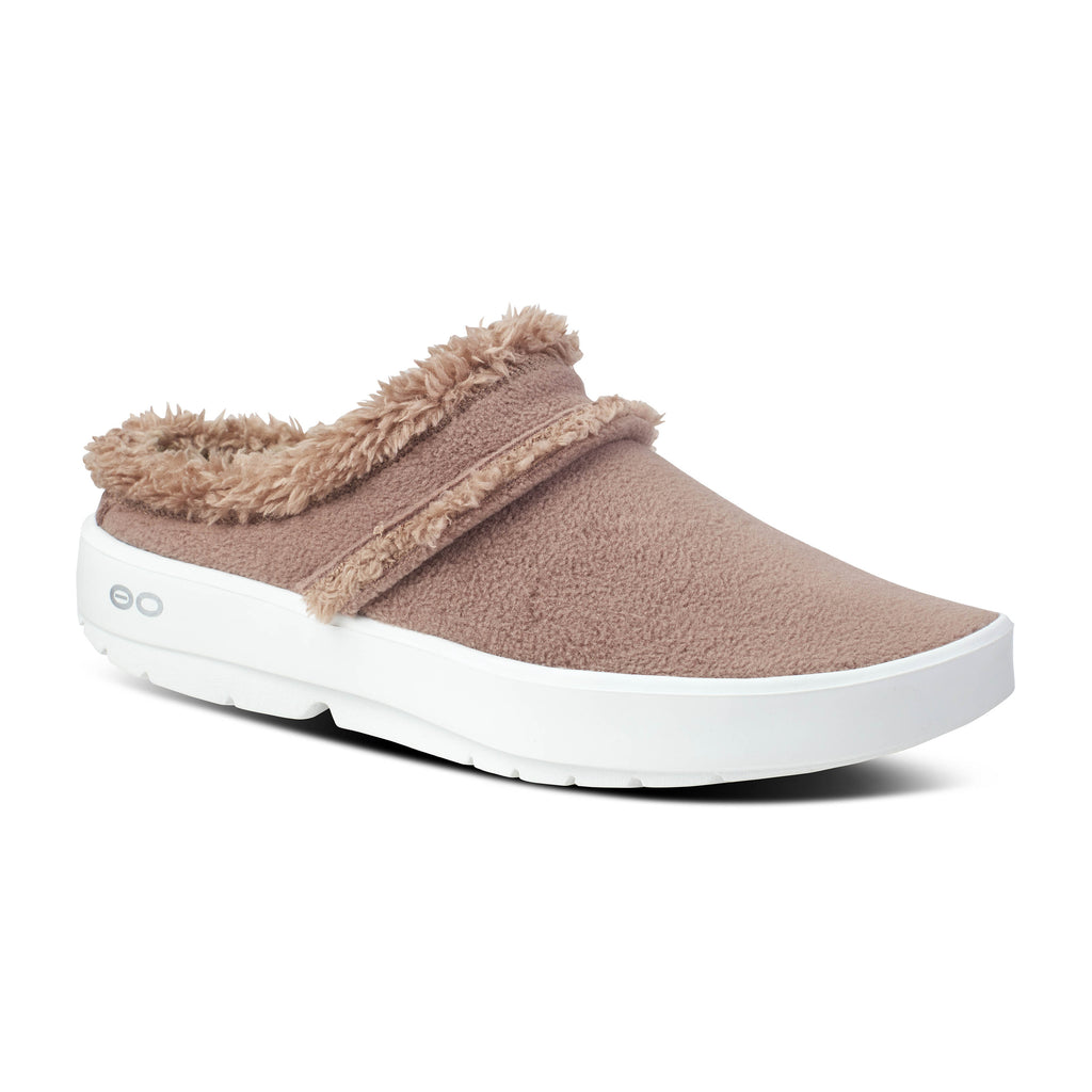 Oofos OOcoozie Mule. Brown upper. White midsole. Lateral view.