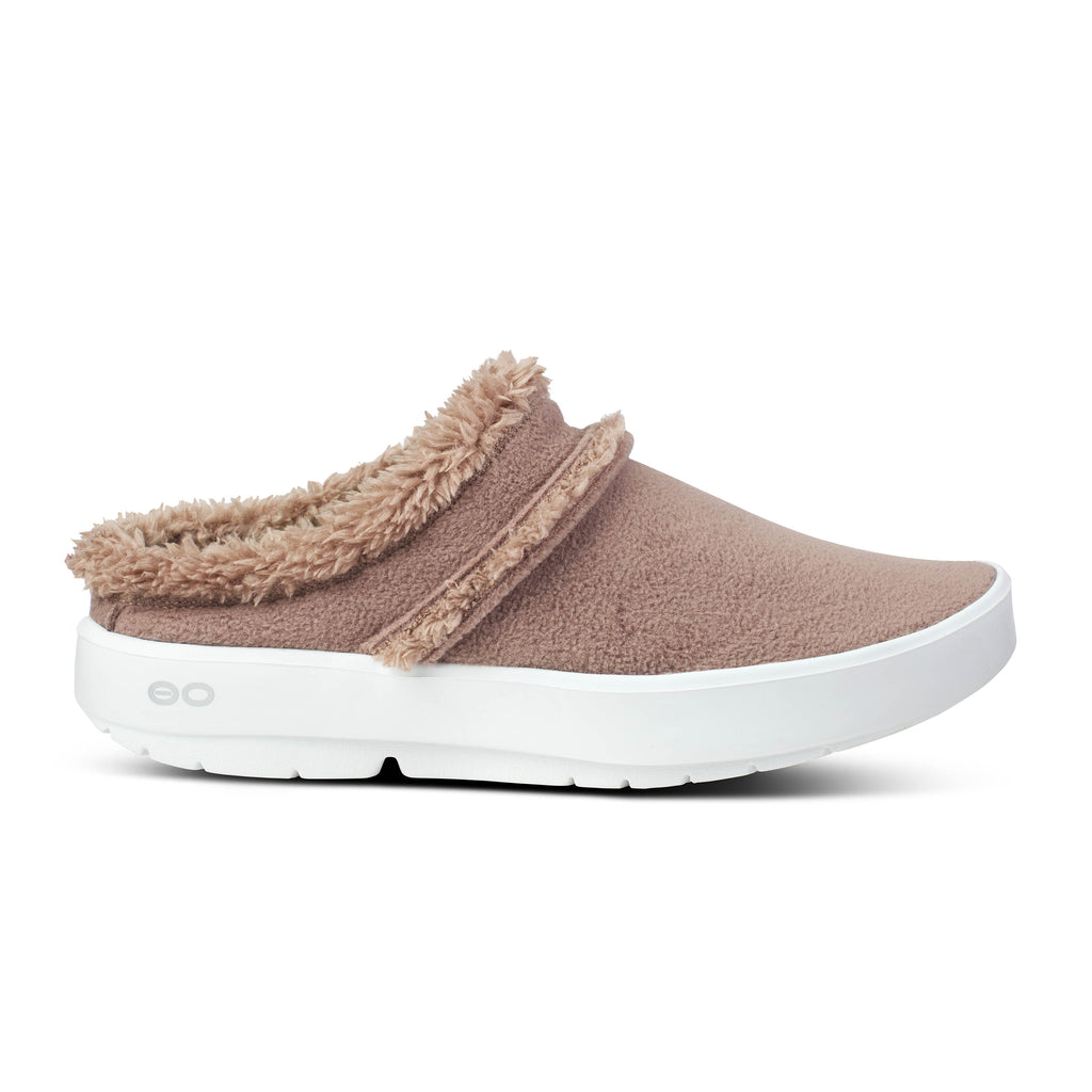 Oofos OOcoozie Mule. Brown upper. White midsole. Lateral view.