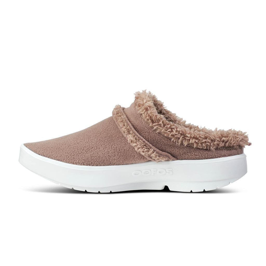 Oofos OOcoozie Mule. Brown upper. White midsole. Medial view.