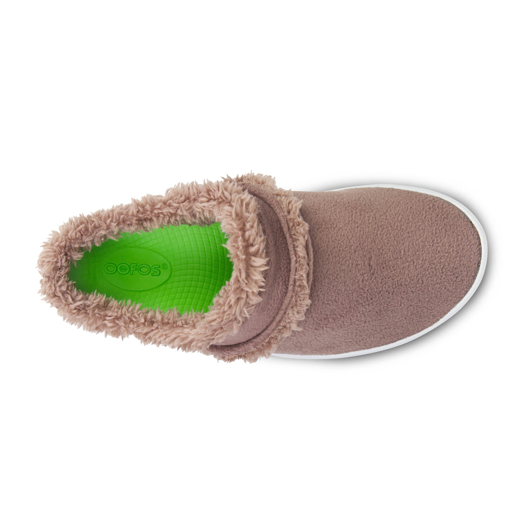 Oofos OOcoozie Mule. Brown upper. White midsole. Top view.