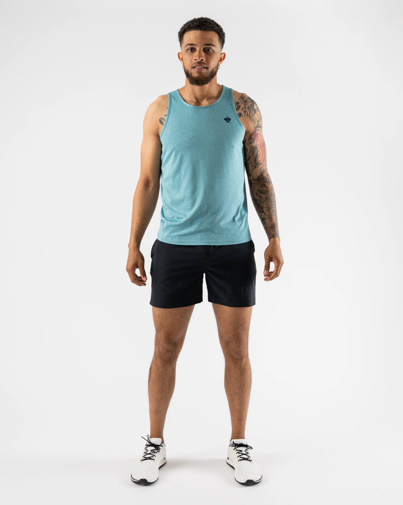 Men's rabbit EZ Tank. Blue/Grey. Front view.
