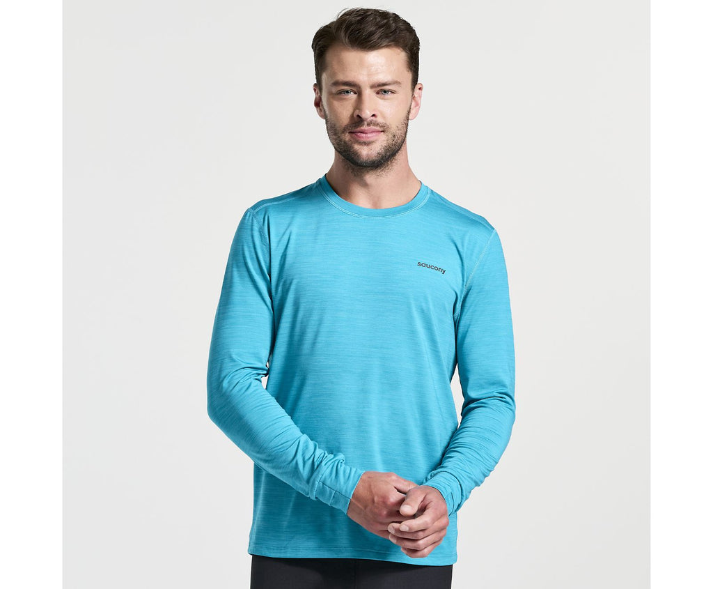 Men's Saucony Boulder Base Layer. Green/Blue. Front view.