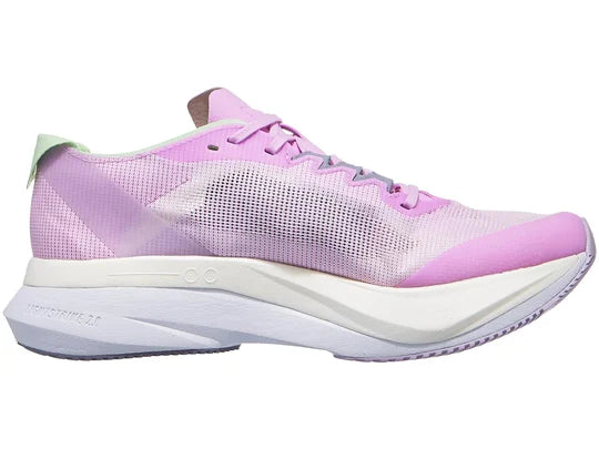 Women's Adidas Boston 12. Pink upper. White midsole. Medial view.