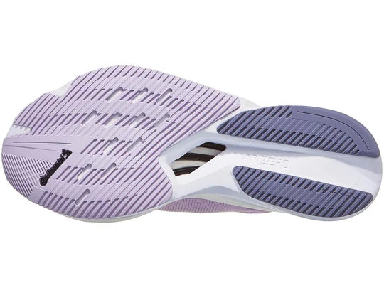 Women's Adidas Boston 12. Pink upper. White midsole. Bottom view.