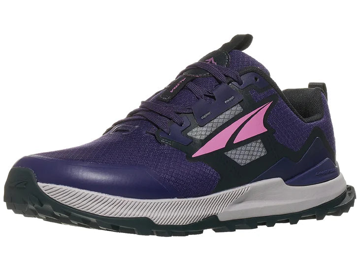 Women's Altra Lone Peak 7. Dark purple upper. Grey midsole. Lateral view.