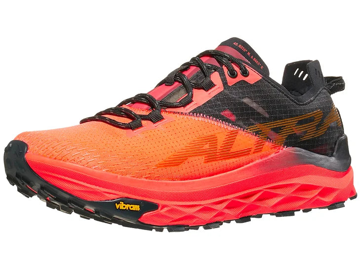 Women's Altra Mont Blanc. Light red/black upper. Red midsole. Lateral view.