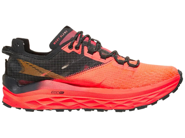 Women's Altra Mont Blanc. Light red/black upper. Red midsole. Medial view.