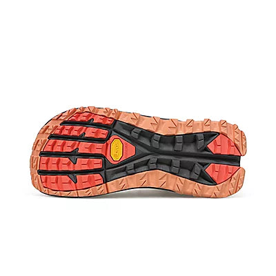 Women's Altra Olympus 5 Hike Mid GTX. Tan upper. Tan/brown midsole. Bottom view.