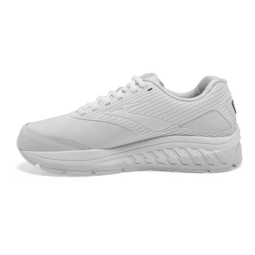 Women's Brooks Addiction Walker 2. White upper. White midsole. Medial view.
