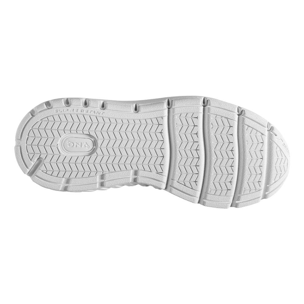 Women's Brooks Addiction Walker 2. White upper. White midsole. Bottom view.