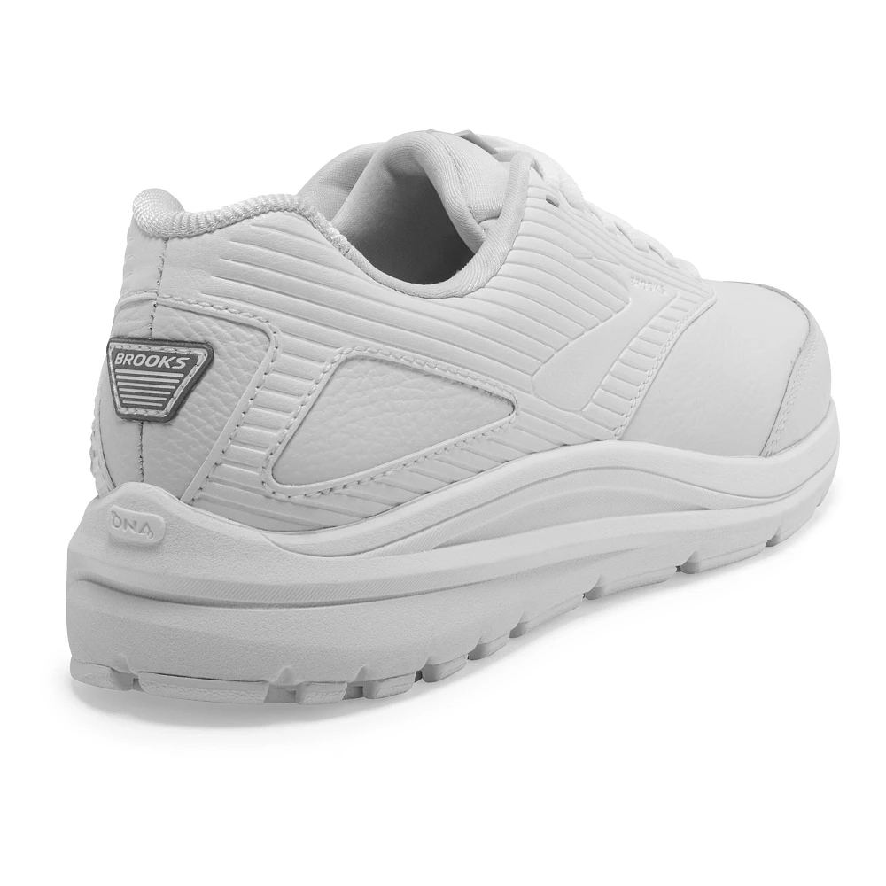 Women's Brooks Addiction Walker 2. White upper. White midsole. Rear/Lateral view.