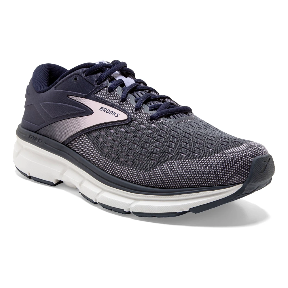 Women's Brooks Dyad 11. Dark Grey upper. White midsole. Lateral view.