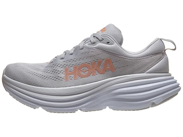 Women's Hoka Bondi 8. Grey upper. Grey midsole. Lateral view.