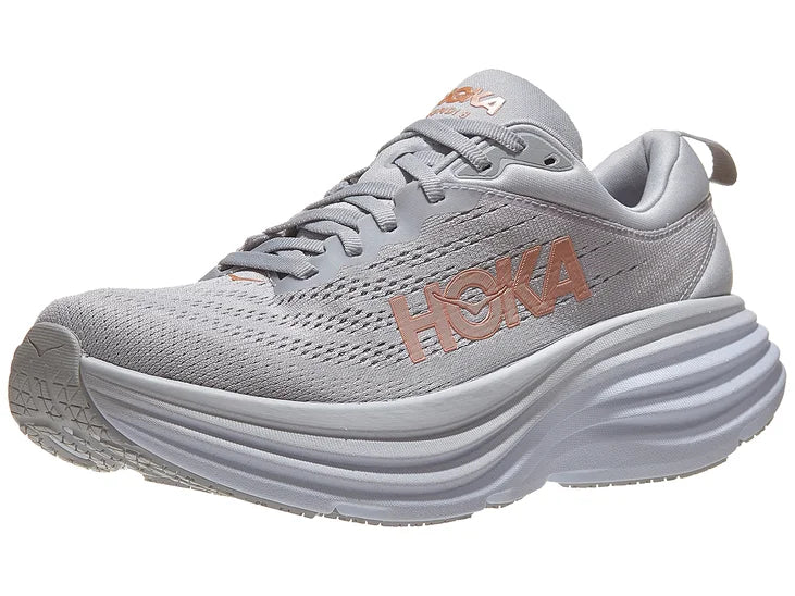 Women's Hoka Bondi 8. Grey upper. Grey midsole. Lateral view.