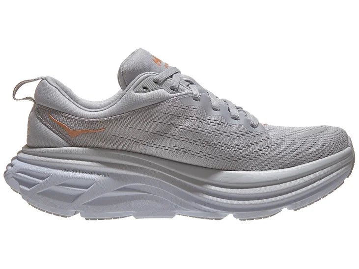 Women's Hoka Bondi 8. Grey upper. Grey midsole. Medial view.