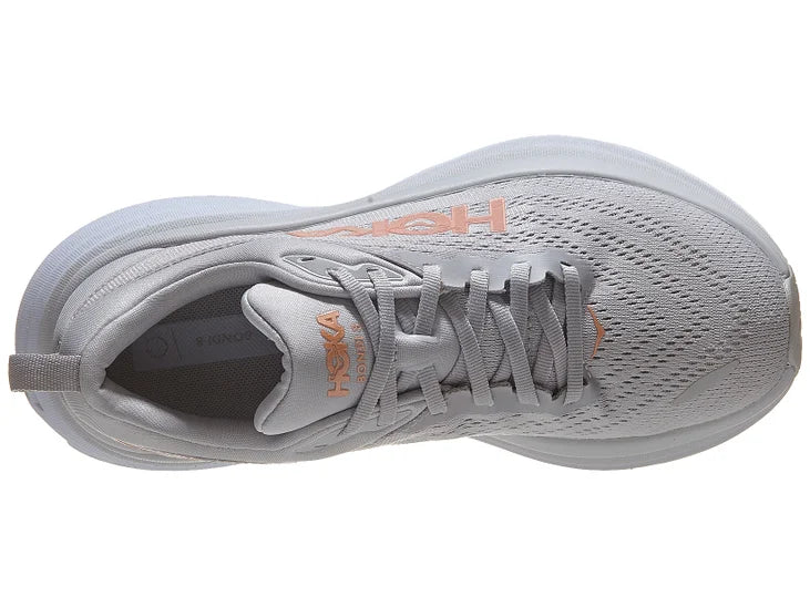 Women's Hoka Bondi 8. Grey upper. Grey midsole. Top view.