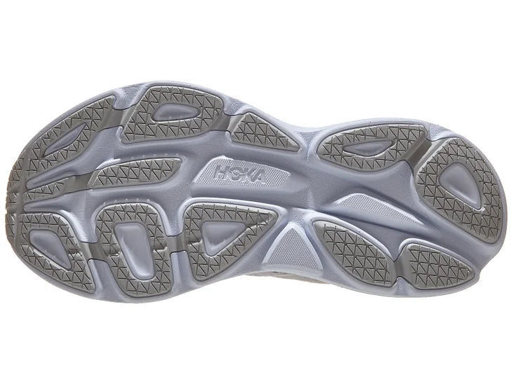 Women's Hoka Bondi 8. Grey upper. Grey midsole. Bottom view.