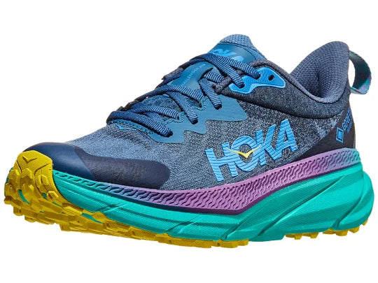 Women's Hoka Challenger 7 GTX. Blue upper. Green midsole. Lateral view.