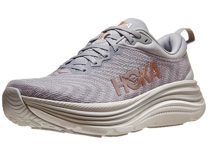 Men's Hoka Gaviota 5. Grey upper. White/light grey midsole. Lateral view.