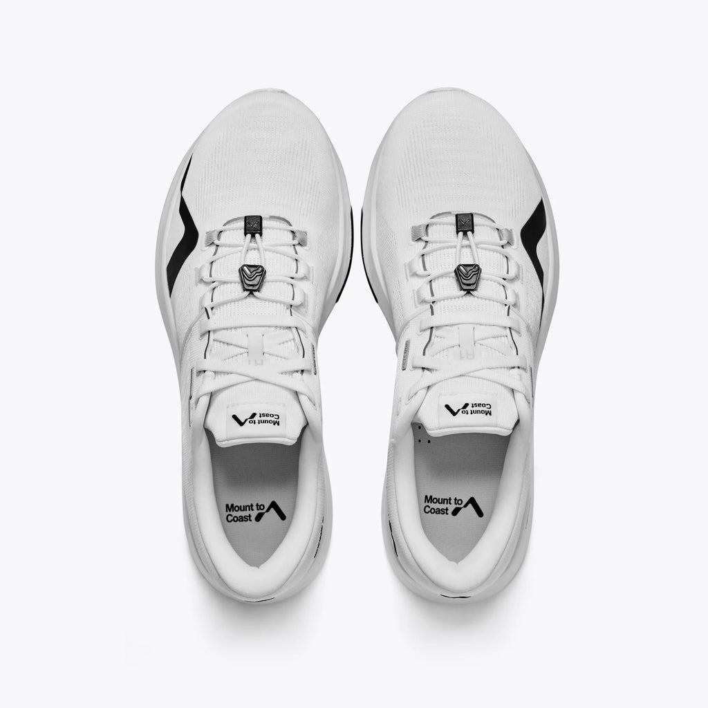 Women's Mount to Coast. R1. White upper. White midsole. Top view.