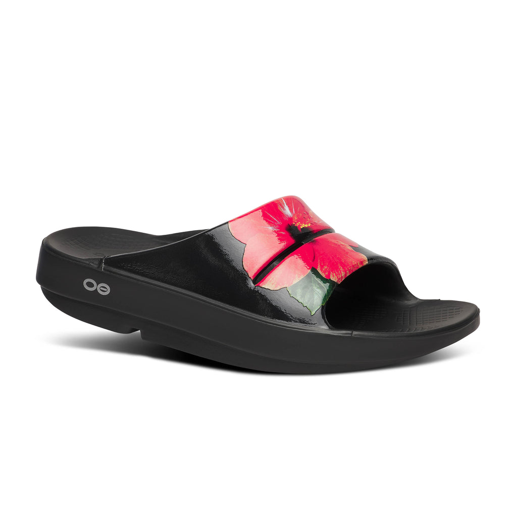 Women's Oofos Ooahh Limited. Black with floral top. Lateral view.