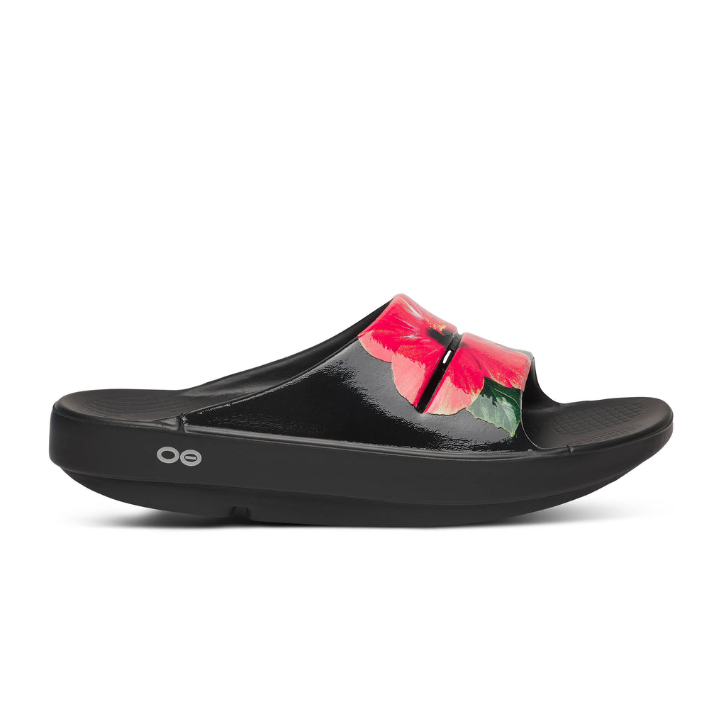 Women's Oofos Ooahh Limited. Black with floral top. Lateral view.