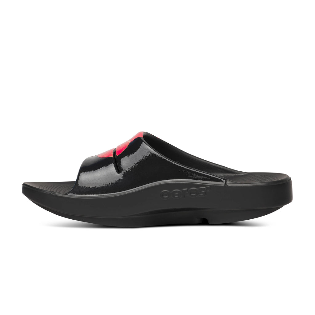Women's Oofos Ooahh Limited. Black with floral top. Medial view.