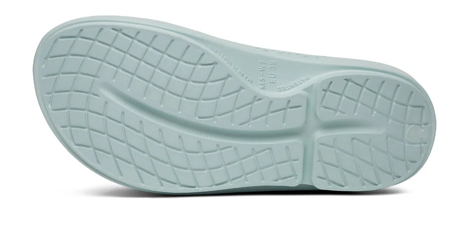 Oofos Ooahh Slide. Light Blue. Bottom view.